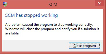 Q: After upgrading to Windows 8.1, when opening SCM from the System Tray, it shows "SCM has stopped working".